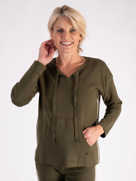 Khaki Knitted Hooded Top with Contrast Trim