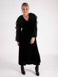 A Black Stretch Velvet Dress with Crepe Chiffon Overarm Frill