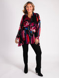 Black Rose Print Chiffon Blouse With Back Pleated Detail
