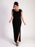 Black Off-The-Shoulder Cocktail Dress with Marabou Trim & Side Slit