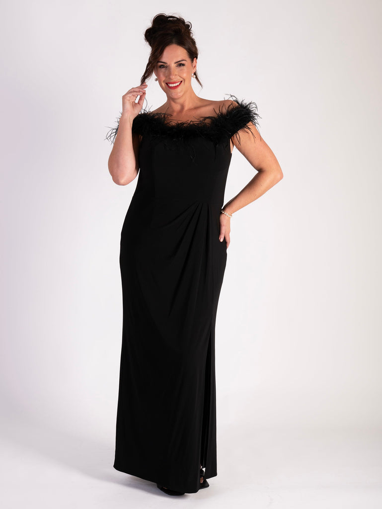 Black Off-The-Shoulder Cocktail Dress with Marabou Trim & Side Slit Black Off-The-Shoulder Cocktail Dress with Marabou Trim & Side Slit