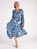 Royal Blue/White Abstract Geometric Swirls Pleated Dress
