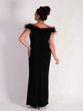 Black Off-The-Shoulder Cocktail Dress with Marabou Trim & Side Slit