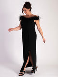 Black Off-The-Shoulder Cocktail Dress with Marabou Trim & Side Slit