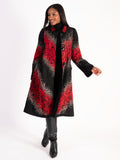 Black and Red Abstract Embroidered Cross-Back Coat with Panelled Trim