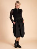 Black Jersey Dress with Mesh Sleeves and Taffeta Drawstring Skirt