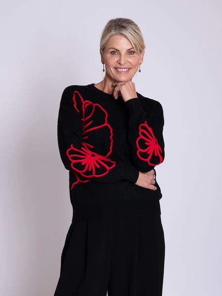 Black/Red Embroidered Floral Illustration Motif Jumper
