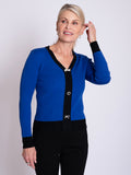 Cobalt/Black Ribbed V Sweater with Brooch Details