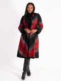 Black and Red Abstract Embroidered Cross-Back Coat with Panelled Trim