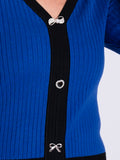 Cobalt/Black Ribbed V Sweater with Brooch Details