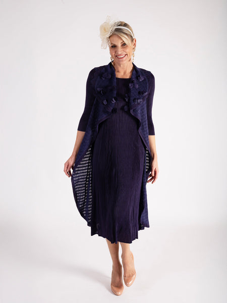 A Grape Pleated Dress With Applique Chiffon Flower Detail