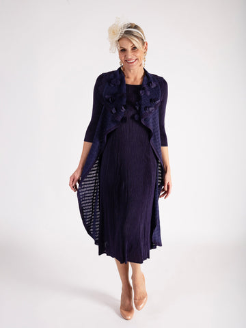 A Grape Pleated Dress With Applique Chiffon Flower Detail