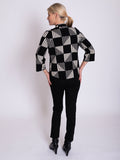 Black/Cream Short Knitted Jacket with Geometric Patterned Squares and Gold Fastenings