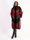 Black and Red Abstract Embroidered Cross-Back Coat with Panelled Trim