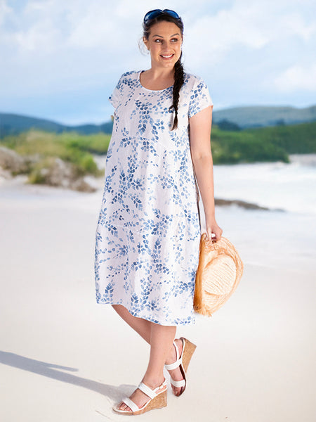 Blue/White Watercolour Floral Print Linen Dress