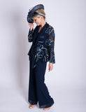 Navy/White Silk Floral Devoree Jacket With Contrast Chiffon Front Detail