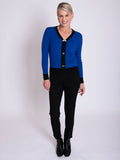 Cobalt/Black Ribbed V Sweater with Brooch Details