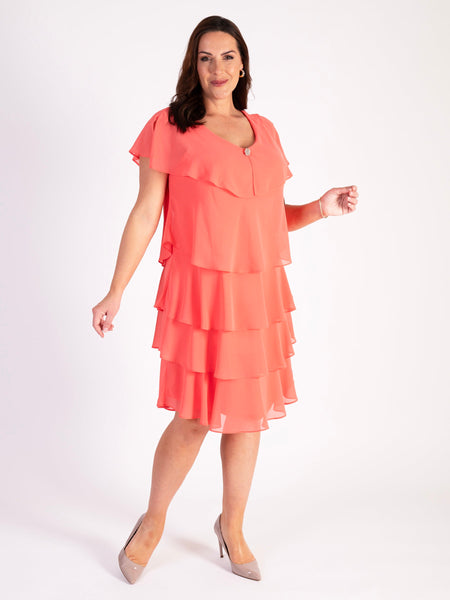 Coral  Chiffon Multi Tiered Dress With Diamante Detail