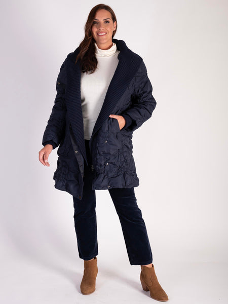 Navy Swirl Embroidery Quilted Coat with Knitted Collar
