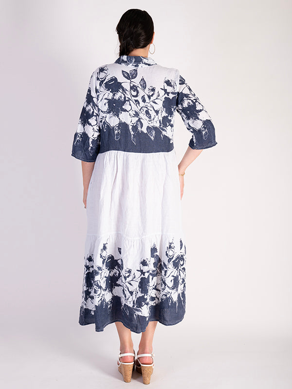 Navy/White Floral Print Linen Dress | Chesca Direct