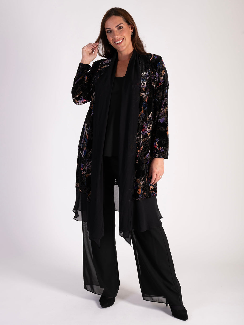 Multi Floral Velvet Devoré Long Coat Chiffon Trim