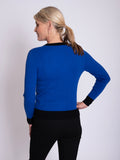 Cobalt/Black Ribbed V Sweater with Brooch Details