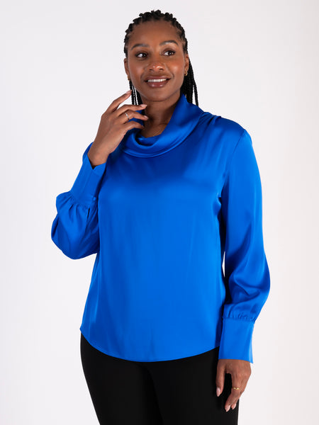 Luxury Frank Lyman Royal Blue Cowl Neck Sateen Top - Black Friday Comes Early