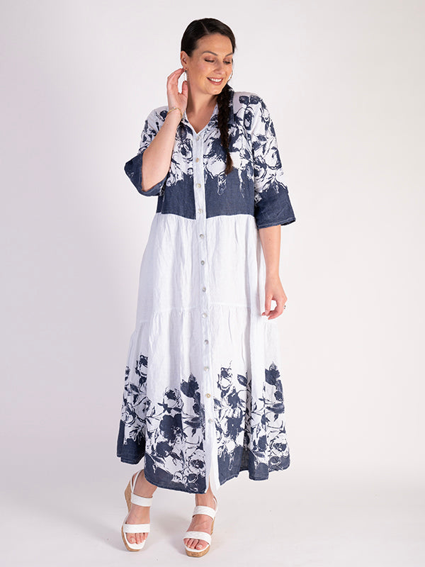 Navy/White Floral Print Linen Dress | Chesca Direct