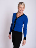Cobalt/Black Ribbed V Sweater with Brooch Details
