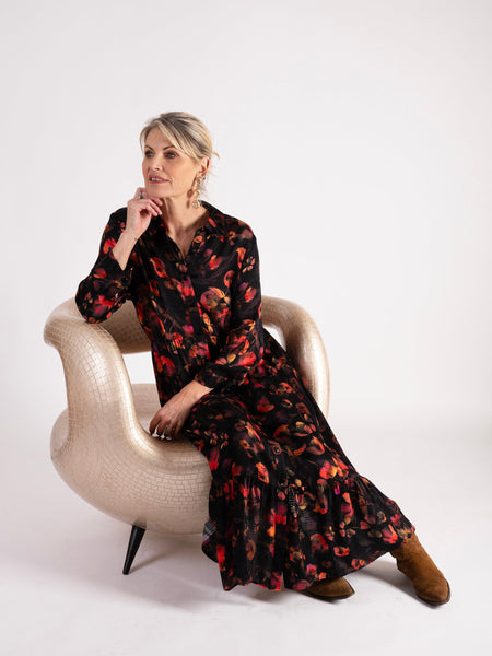 Floral Noir Black/Red Floral Print Button Front Dress