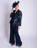 Navy/White Silk Floral Devoree Jacket With Contrast Chiffon Front Detail
