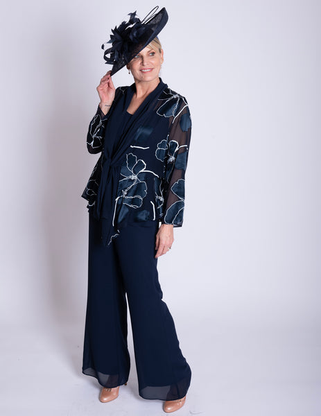 Navy/White Silk Floral Devoree Jacket With Contrast Chiffon Front Detail