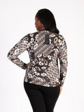 Brown/Cream Modern Floral and Geometric Design Jersey V-Neck Top