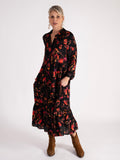 Floral Noir Black/Red Floral Print Button Front Dress