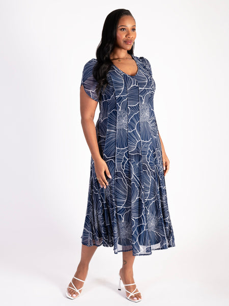 Navy/Ivory Floral Print Pintuck Seamed Mesh Dress