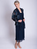 Navy/White Silk Floral Devoree Jacket With Contrast Chiffon Front Detail