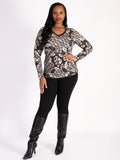 Brown/Cream Modern Floral and Geometric Design Jersey V-Neck Top