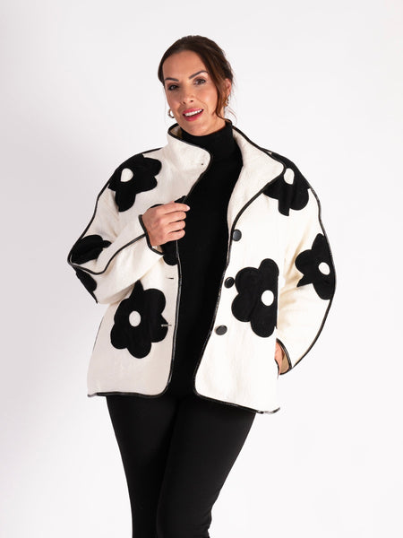 Wool Mix Jacket with Contrast Applique Flowers and Piping Off White