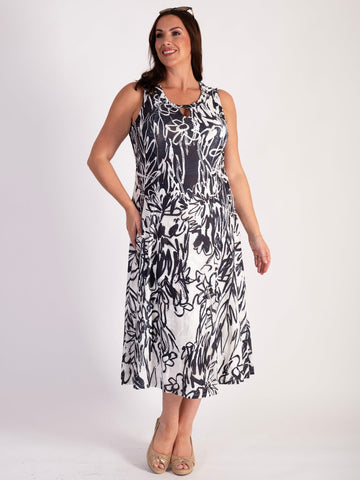 Black/White Scribble Flowers Mesh Cut-Out Detail Sleeveless Dress