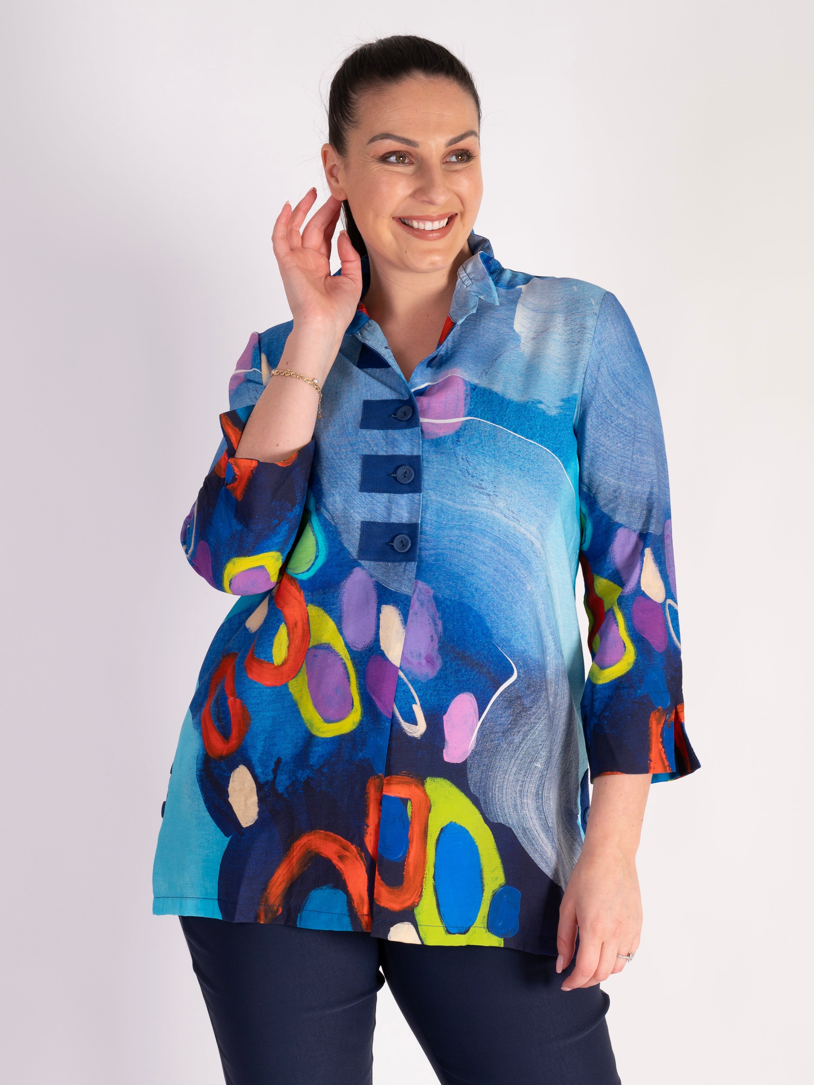 Blue/Multi Printed Wire Neck Shirt | Chesca Direct