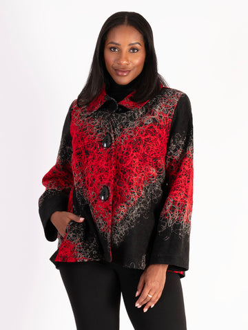 Abstract Embroidered Design Cross-Back Jacket in Black and Red