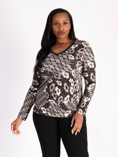 Brown/Cream Modern Floral and Geometric Design Jersey V-Neck Top