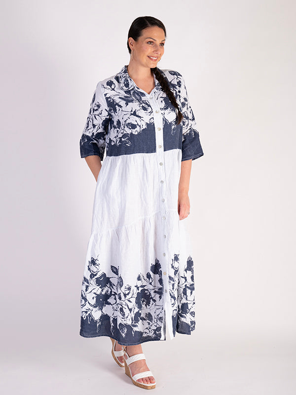 Navy White Floral Print Linen Dress 