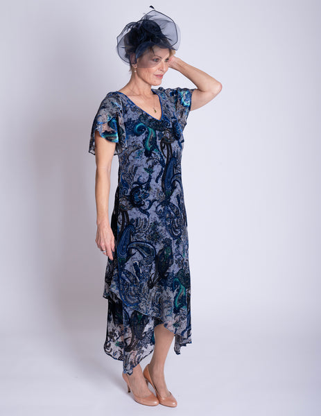 Cobalt/Pewter Paisley Velvet Devoree Dress | Chesca Direct