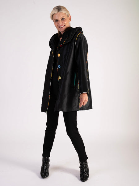 Black Reversible Raincoat with Multicoloured Piping and Buttons