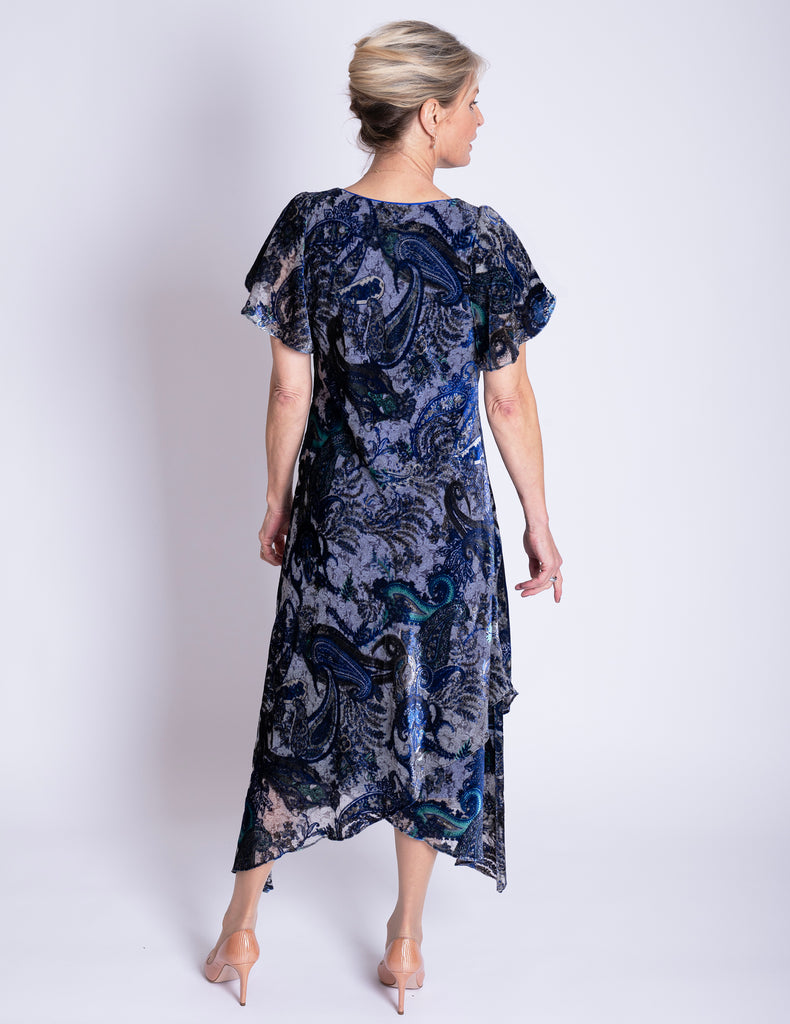 Cobalt/Pewter Paisley Velvet Devoree Dress | Chesca Direct