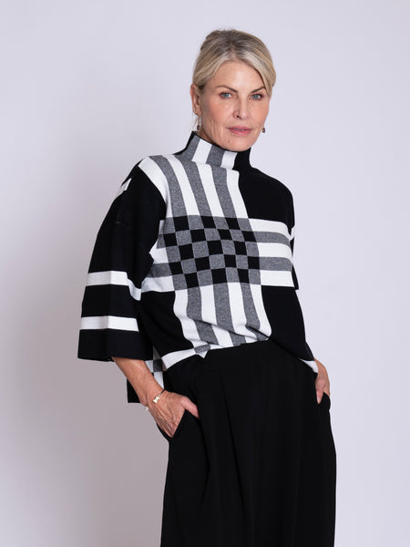 Black/White Striped Colourblock Oversized Jumper with Funnel Neckline