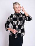 Black/Cream Short Knitted Jacket with Geometric Patterned Squares and Gold Fastenings