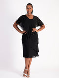 Glamorous Black Tiered Chiffon Dress with Asymmetric Neckline and Diamanté Shoulder Detail