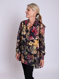 Black/Red Amber Symphony Jacquard Semi-Sheer Blouse With Back Pleated Detail